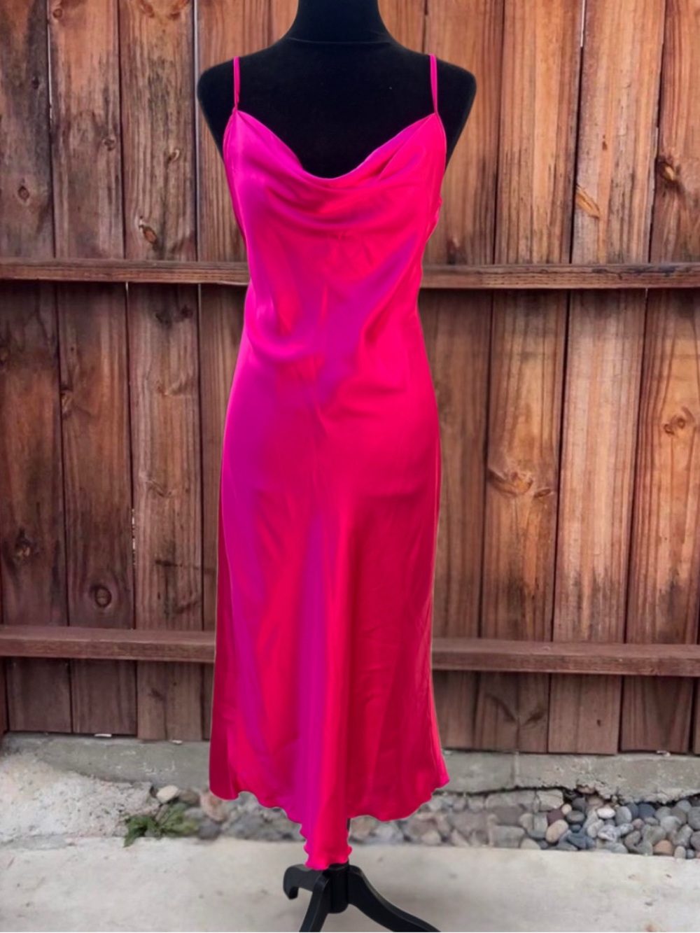 Bebe Hot Pink Satin Slip Midi Dress